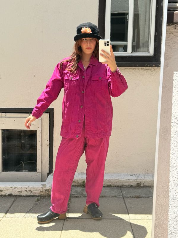 magenta denim workwear set