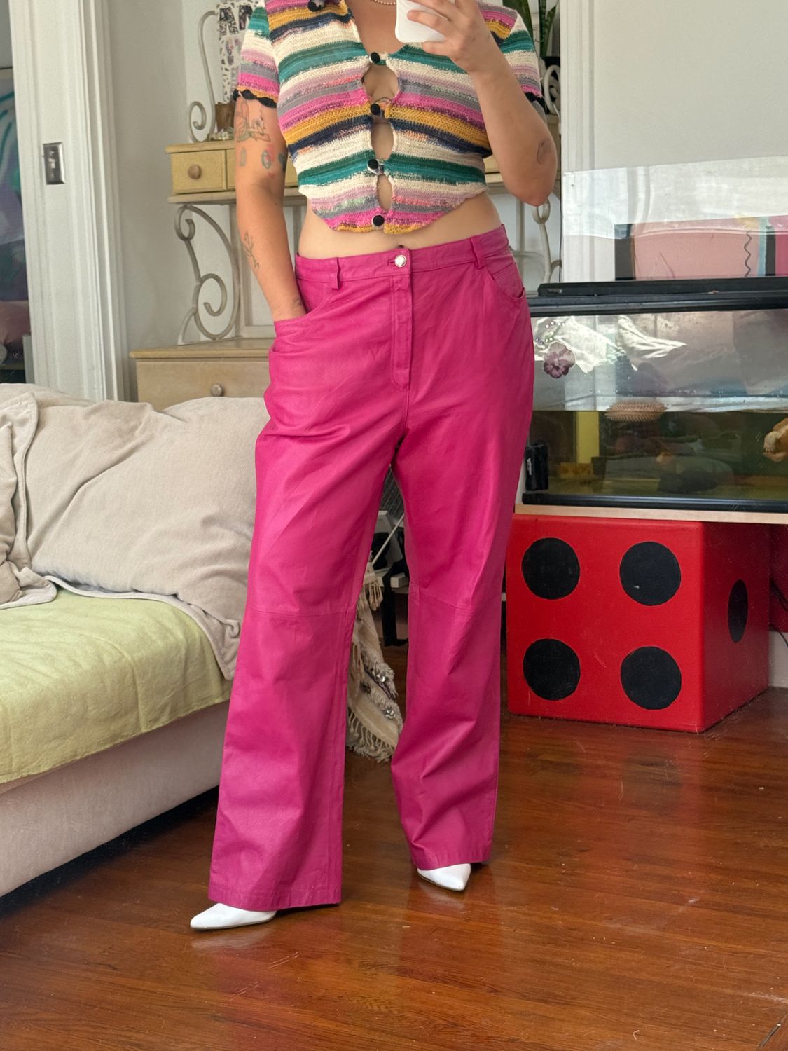 hot pink leather pants
