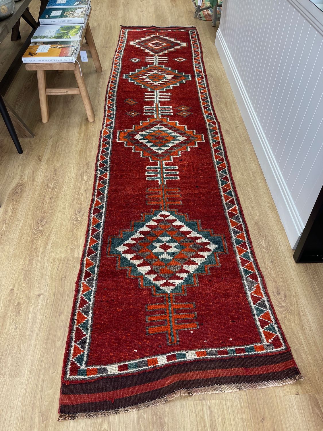 Vintage Turkish runner dark red- 367x85cm