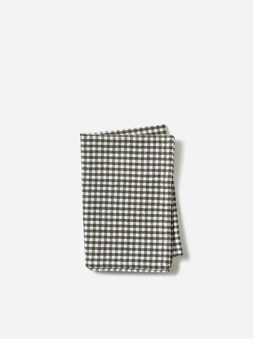 Gingham Washed Cotton Tea Towel, Colour: Olive