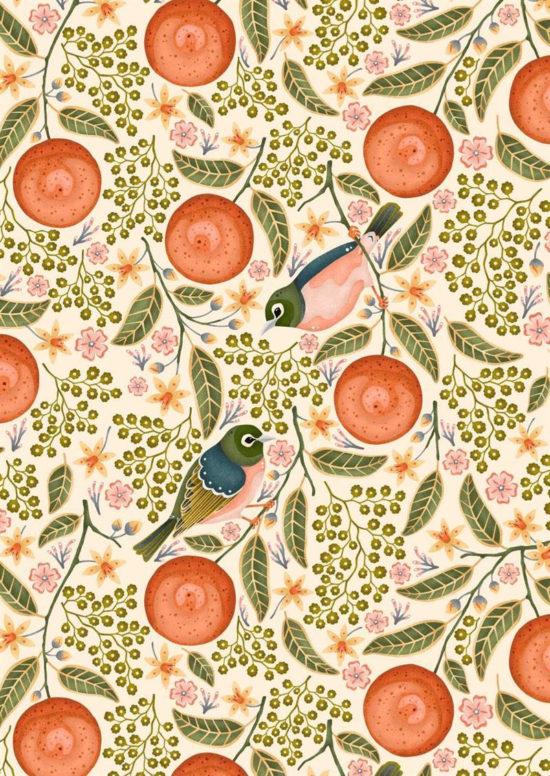 Cream Waxeyes &amp; Mandarins - Tea Towel