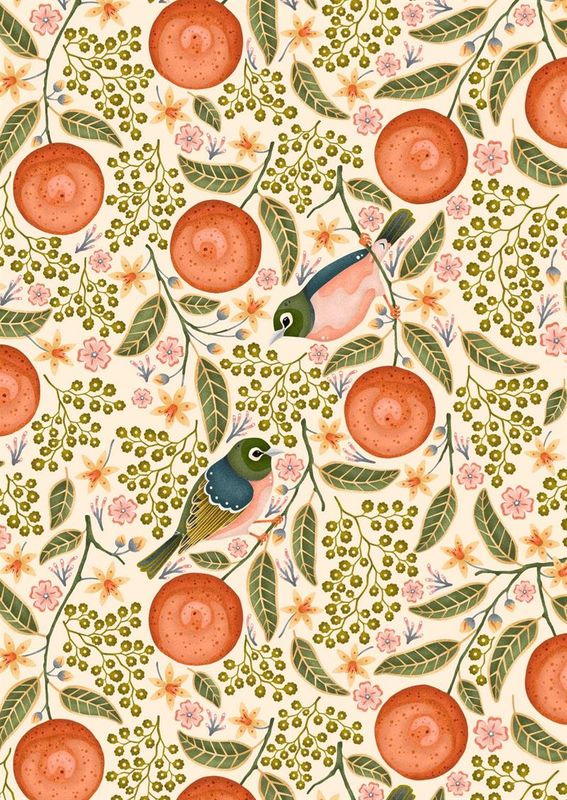 Cream Waxeyes &amp; Mandarins - Tea Towel