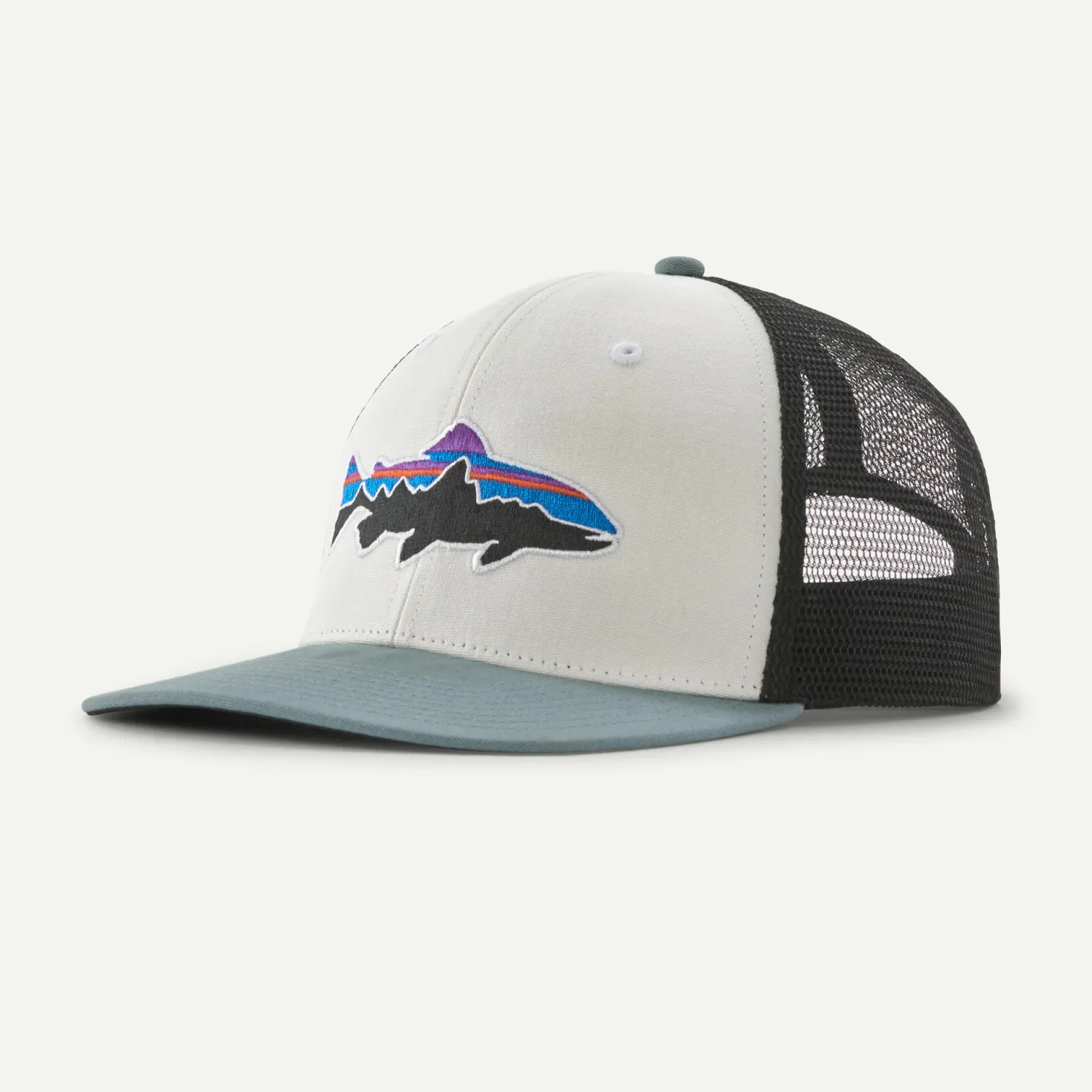 26 Patagonia Fitz Roy Trout Trucker Hat, Color: White w/ Blue Sage