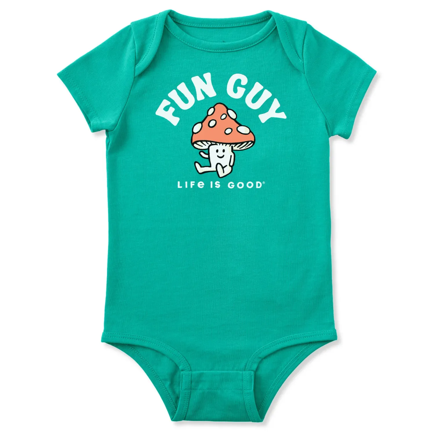 26 LIG Baby SS Onesie, Attribute 1: Turquoise Green, Attribute 2: Fun Guy Mushroom, Attribute 3: 0-3M