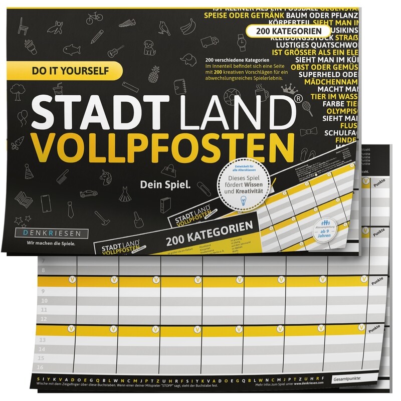 SALE Denkriesen STADT LAND VOLLPFOSTEN® - DO IT YOURSELF EDITION "Dein Spiel." SALE Denkriesen STADT LAND VOLLPFOSTEN® - DO IT YOURSELF EDITION "Dein Spiel."