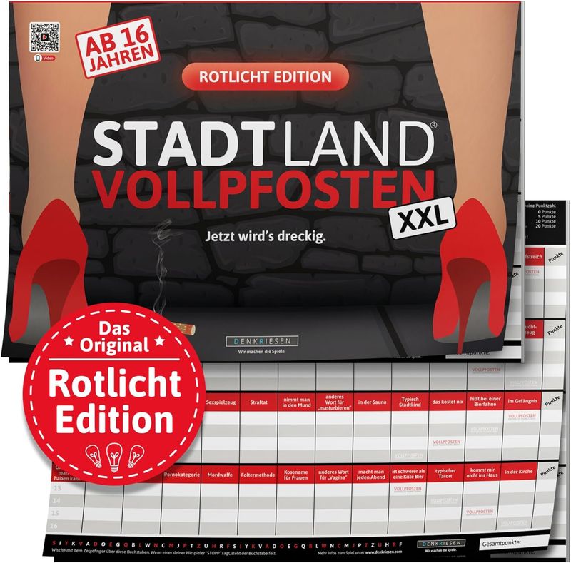 Denkriesen Stadt Land Vollpfosten® Spielblock | Rotlicht Edition "Jetzt wird's dreckig." ab 16 Jahren