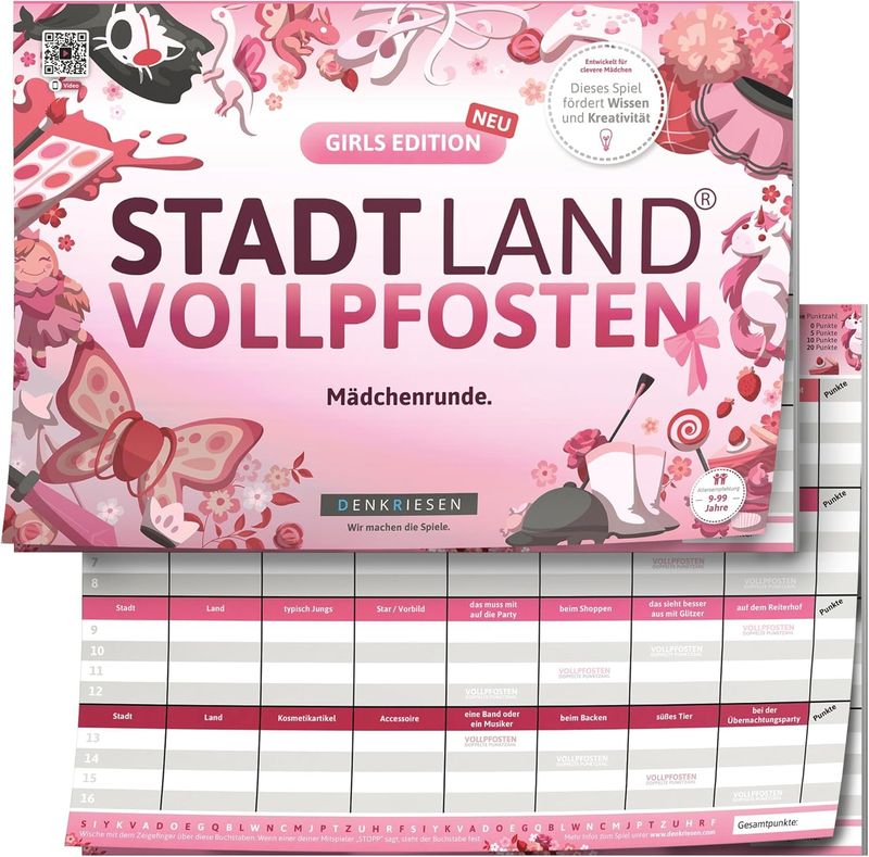 SALE Stadt Land Vollpfosten® Spielblock | Girls Edition "Mädchenrunde."