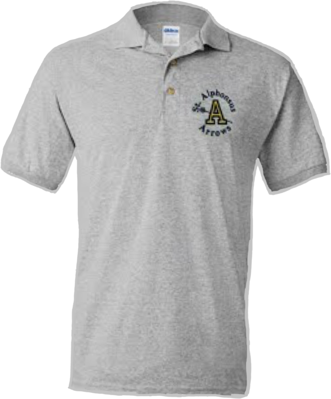 Men’s Polo Shirt:  St. Alphonsus Arrows, Grey, Blue &amp; Gold Embroidery, 50% Cotton/50% Polyester
