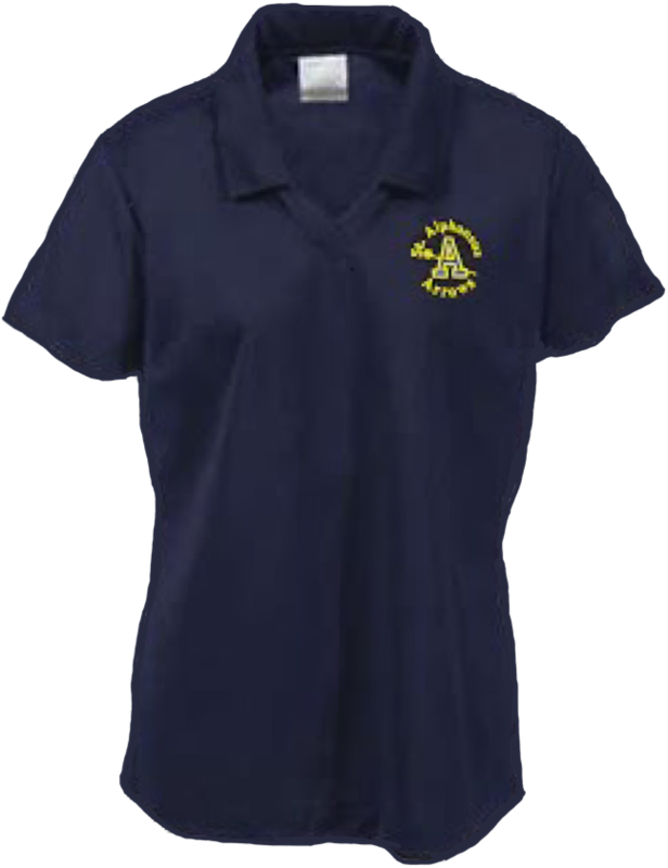 Women’s Polo Shirt: St. Alphonsus Arrows, Navy, Yellow Embroidery, 50% preshrunk cotton/50% Polyester, (M, L, XL)