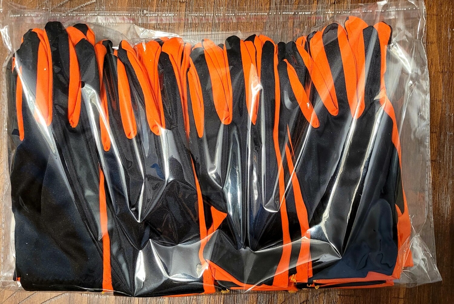 Orange and black gloves