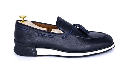 FLS Classic Handmade Leather Tassel Loafers(white sole/Navy Blue)