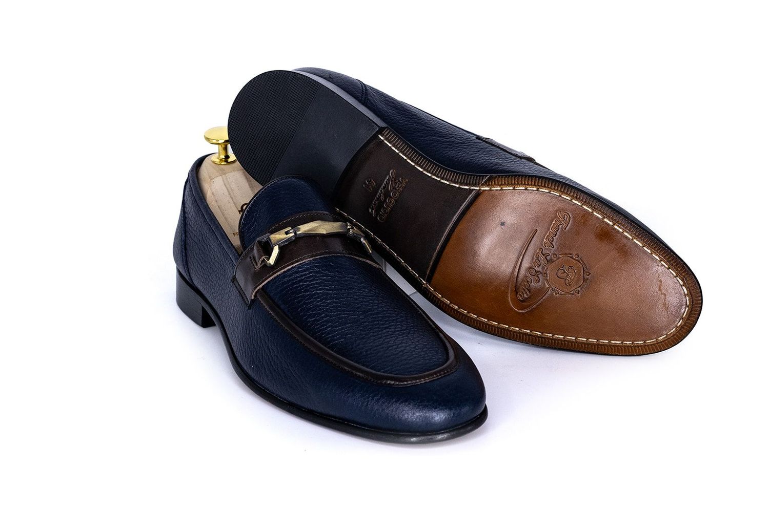 FLS-Handmade Genuine Leather Men`s loafers( Navy Blue)