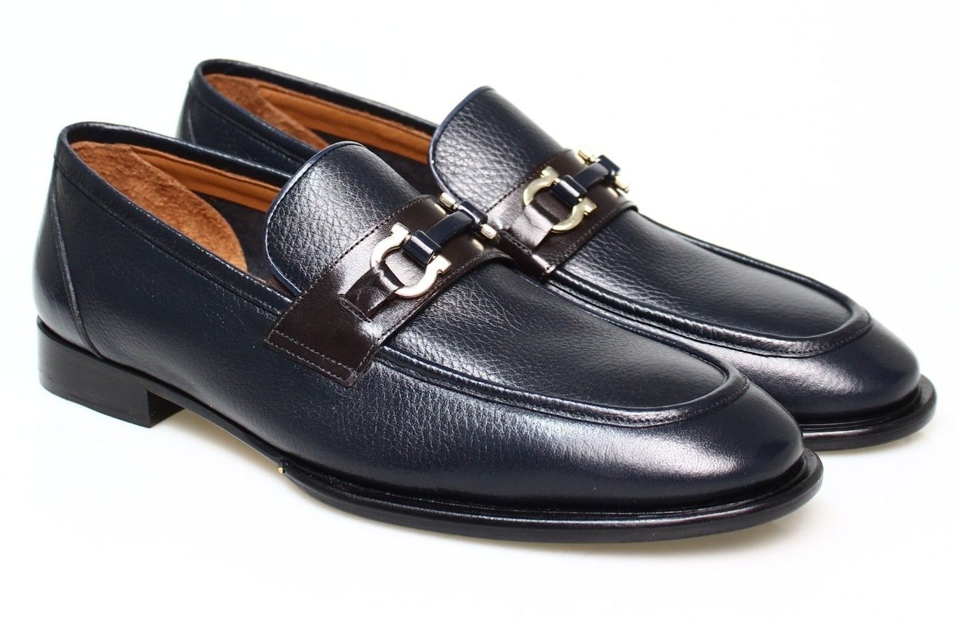 Franck La Scelta Men’s Handmade Italian Loafers – Genuine Calf Leather Dress Shoes with Metal Bit | Navy Slip‑On Luxury Footwear