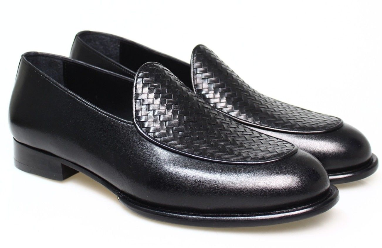Franck La Scelta Handmade Italian Woven Leather Loafers for Men – Black Calfskin Slip‑On Dress Shoe