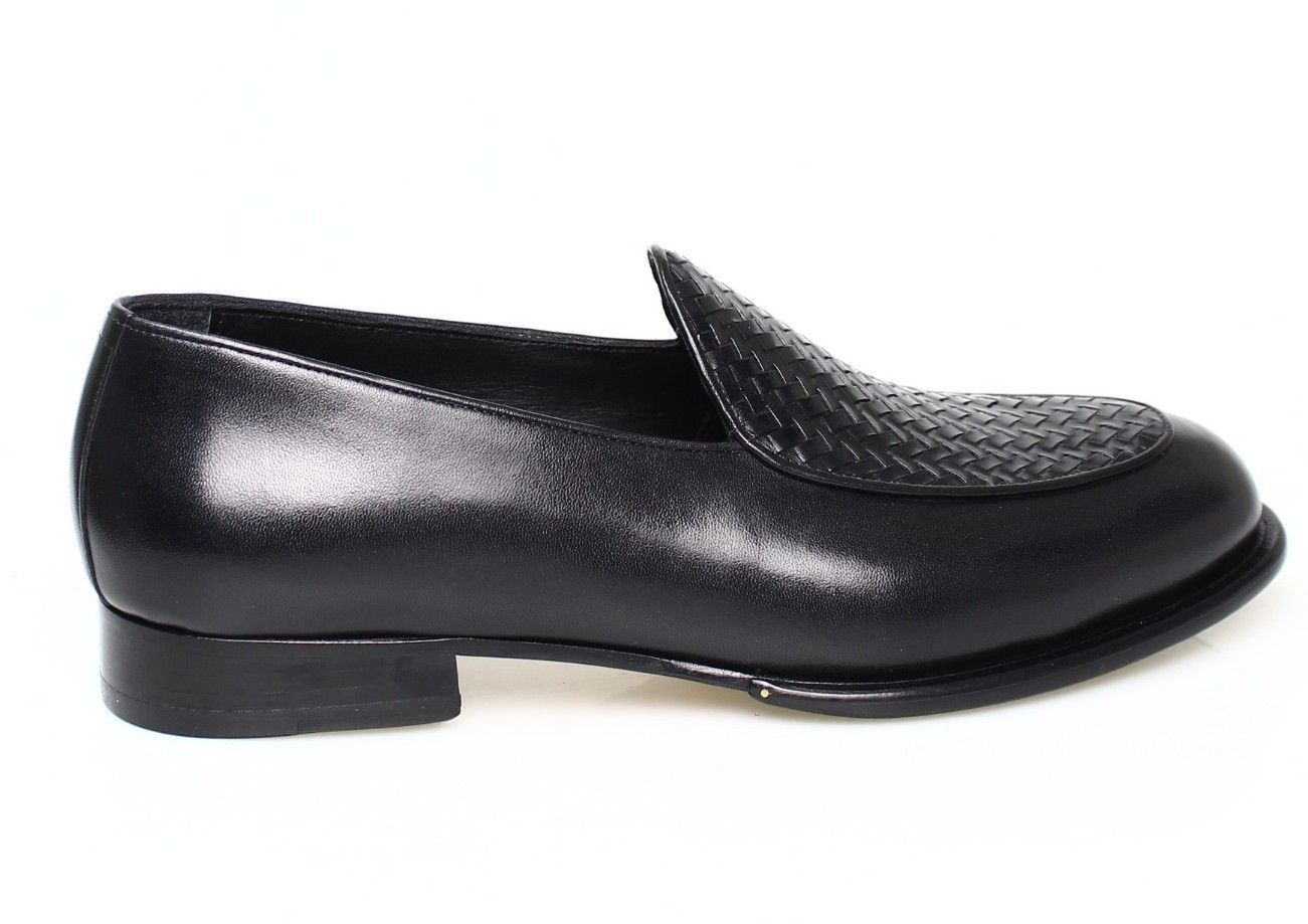 Franck La Scelta Handmade Italian Woven Leather Loafers for Men – Black Calfskin Slip‑On Dress Shoe