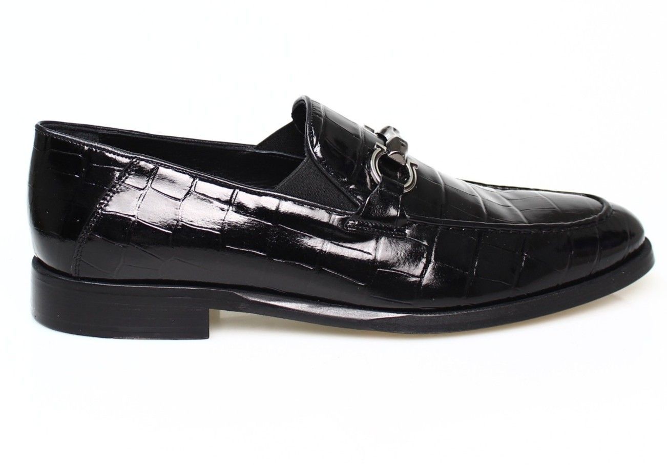 Franck La Scelta Men’s Black Croc‑Embossed Leather Loafers – Handmade Italian Luxury Slip‑On Dress Shoes