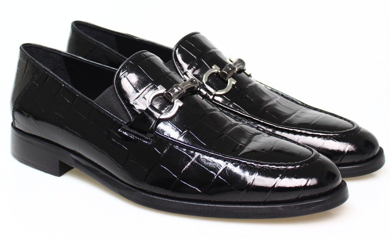 Franck La Scelta Men’s Black Croc‑Embossed Leather Loafers – Handmade Italian Luxury Slip‑On Dress Shoes