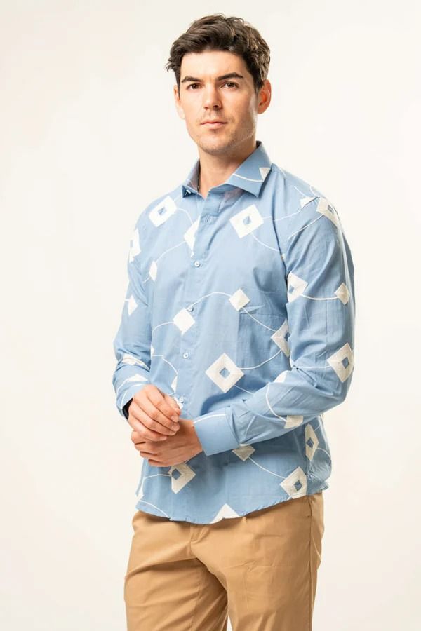 ​Franck La Scelta – Celeste Geometrico Long Sleeve Shirt (Made in Italy)