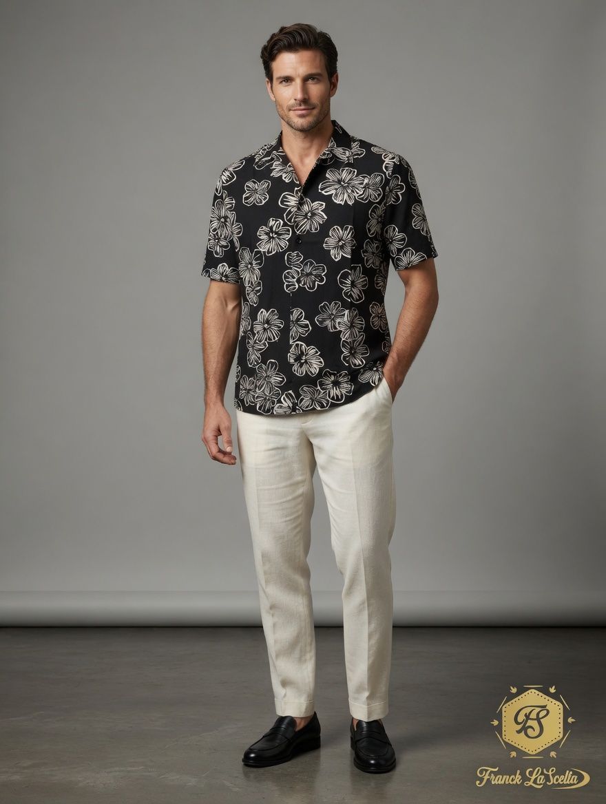 Franck La Scelta – Notte Fiorata Black Floral Short Sleeve Shirt (Luxury Italian Style) (Made in Italy)
