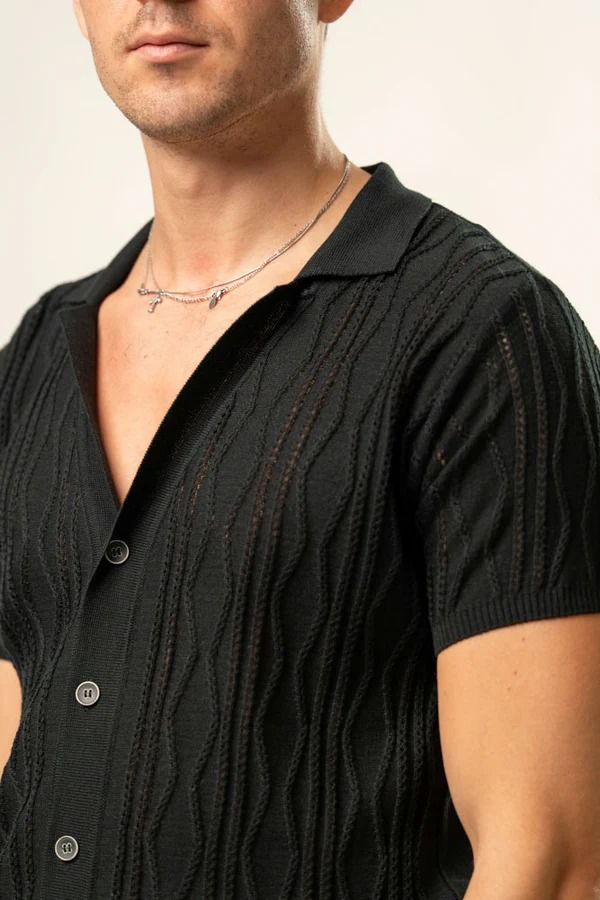​Franck La Scelta – Nero Riviera Knit Short Sleeve Shirt (Luxury Italian Resort Wear)