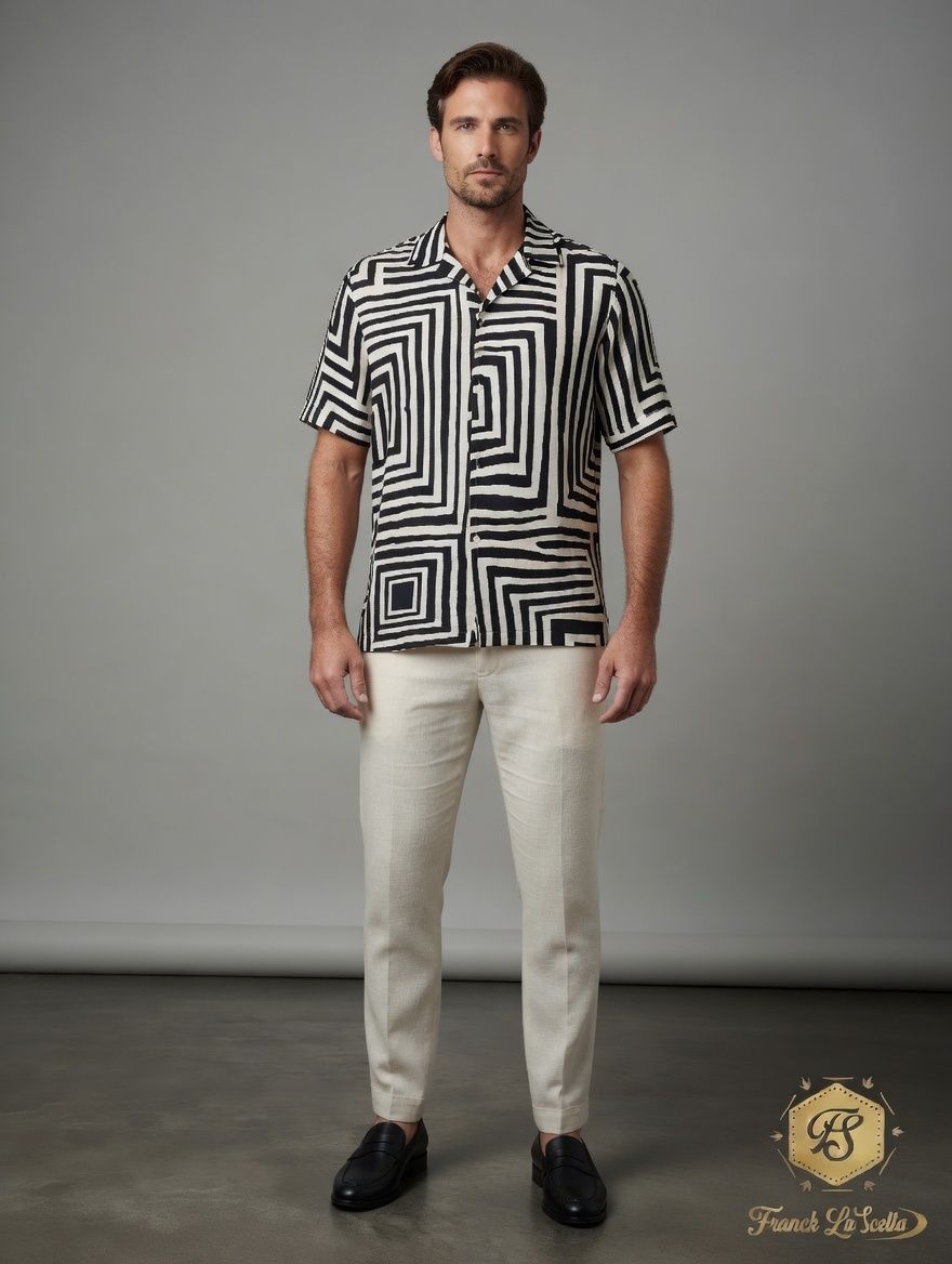 Franck La Scelta – Geometrico Nero Short Sleeve Shirt (Made in Italy)