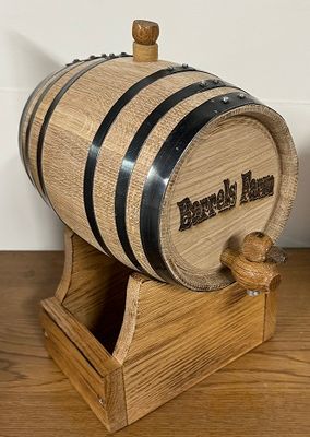 Our 2 Liter Oak aging barrel with the custom oak stand