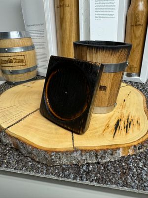 Toasted American oak cup with our whiskey barrel stave coaster.