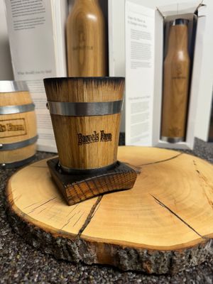 Toasted American oak cup with our whiskey barrel stave coaster.