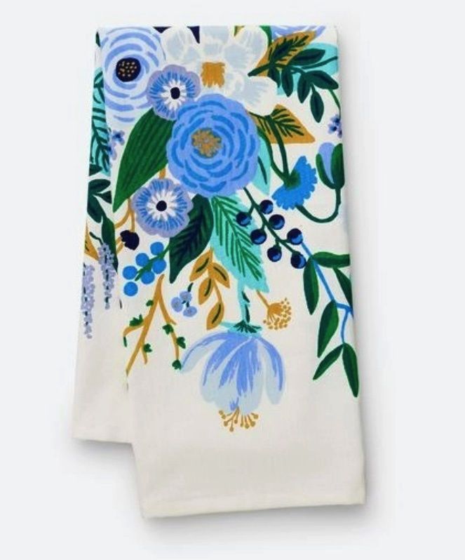 Towels - Flowered Cotton Tea Towel, pattern: Garden Party Blue