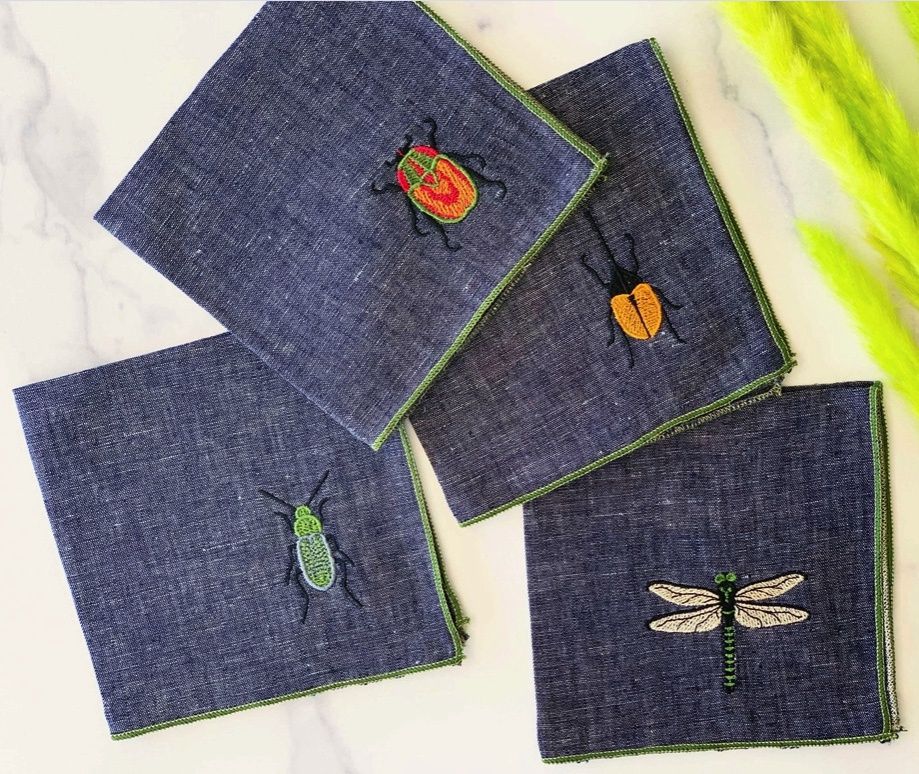 Linen Cocktail Napkins - Insect Embroidery - Set of 4, Color: chambray set of 4