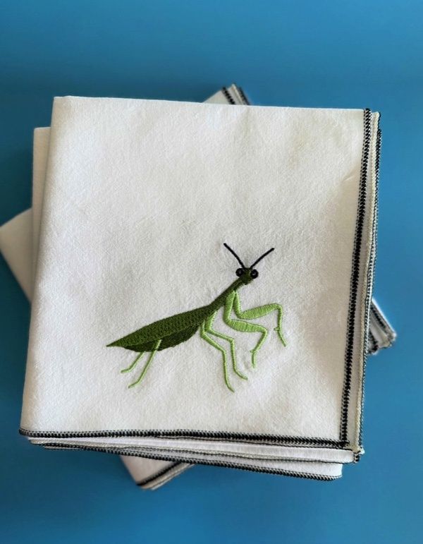 Insect Embroidery Linens, Color: white praying mantis towel