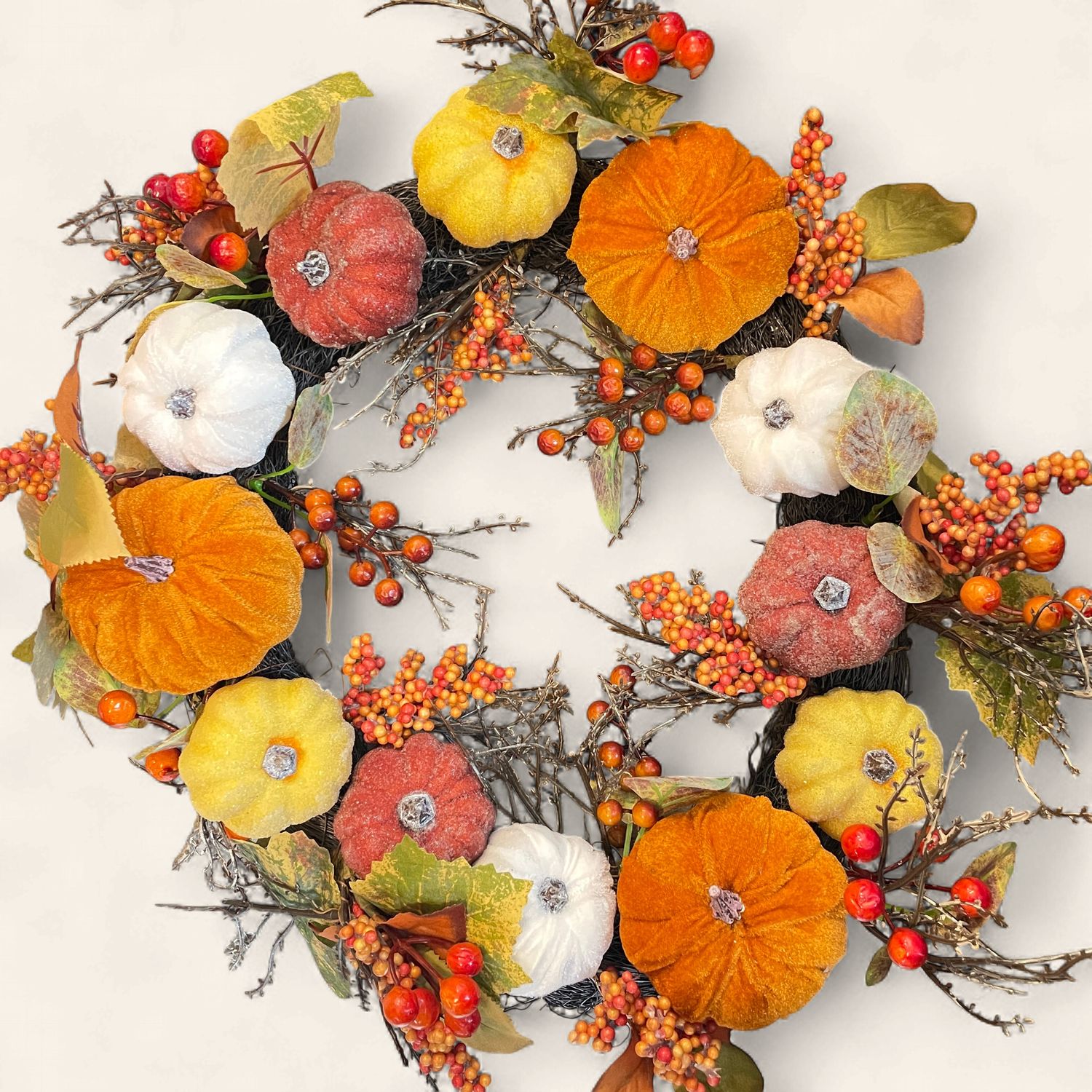 Holiday Wreaths, Style: 20" Fall Leaves Velvet Pumpkin Berries