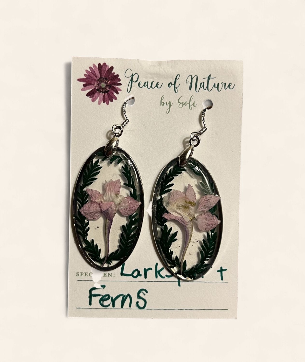 Jewelry by Sofi Kurtz, Title: Earrings - Larkspur &amp; Fern