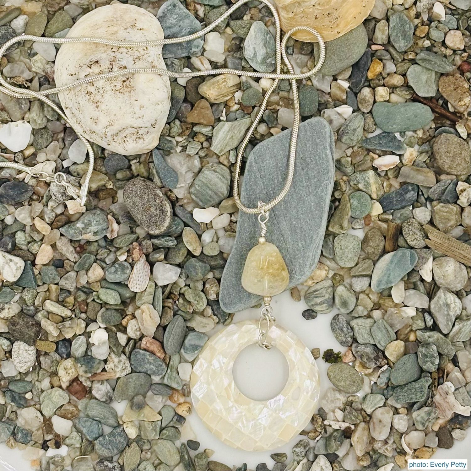 Shell Jewelry, Design: Mother of Pearl & Quartz Necklace on 22" Sterling Chain