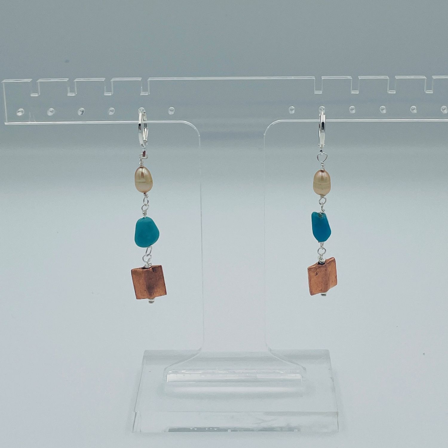 Jewelry - Nancy Moskalski, type: Sleeping Beauty Turquoise, Pearl, Copper and Sterling Earrings