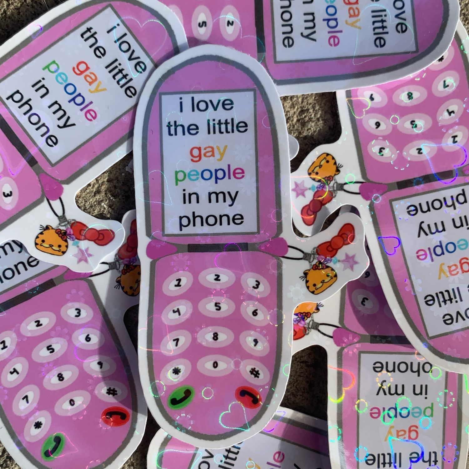 gay little phone holo hearts sticker