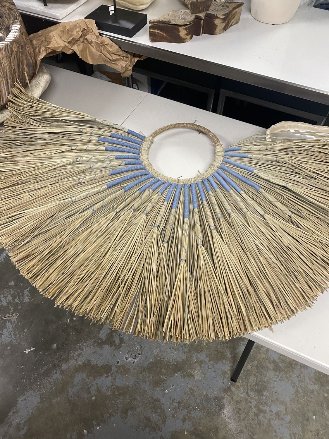 Woven Natural Blue Palm Hoop Fan