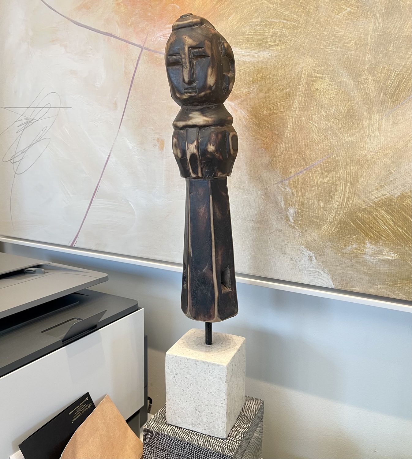 Antique Carved Idol Statue on Terrazzo Marble Stand