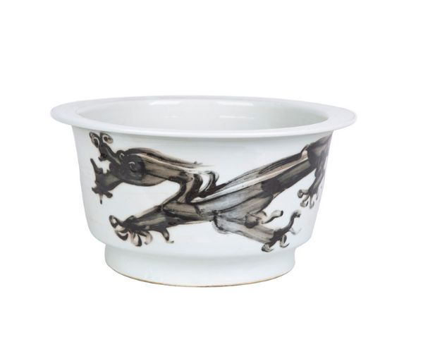 White Black Flower Pot / Bowl Dragon Motif