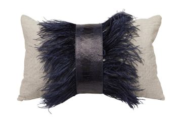 Lumbar Pillow, Navy Blue Ostrich Shin and Feathers, Linen, Feather Down Insert, 1 Available