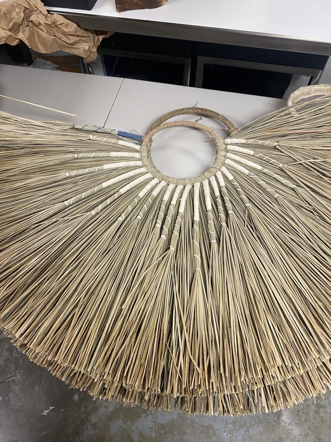 SOLD Woven Natural White Palm Hoop Fan