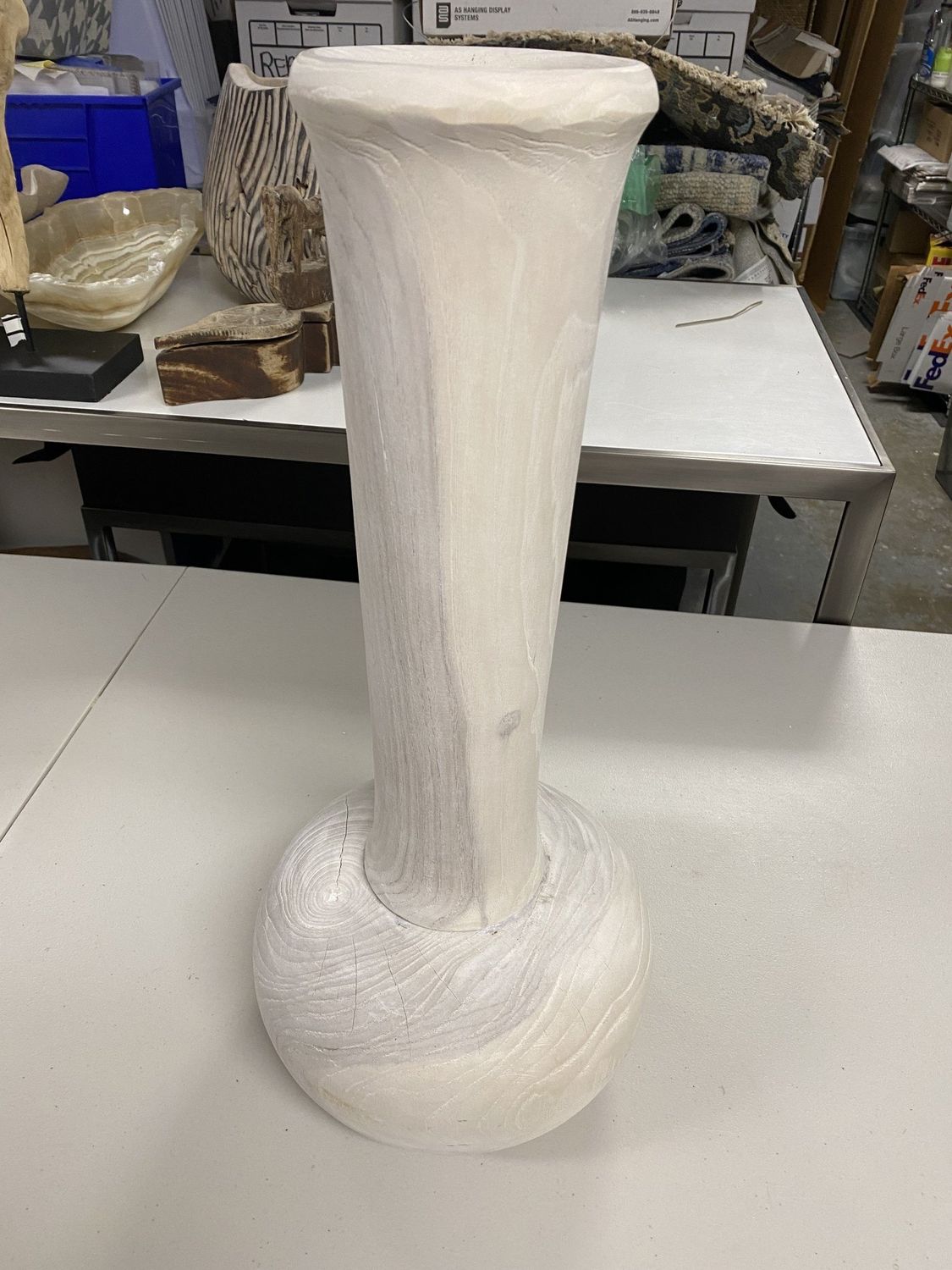 Vase Bleached Teak Wood Bulbous Thailand Artisan Carved