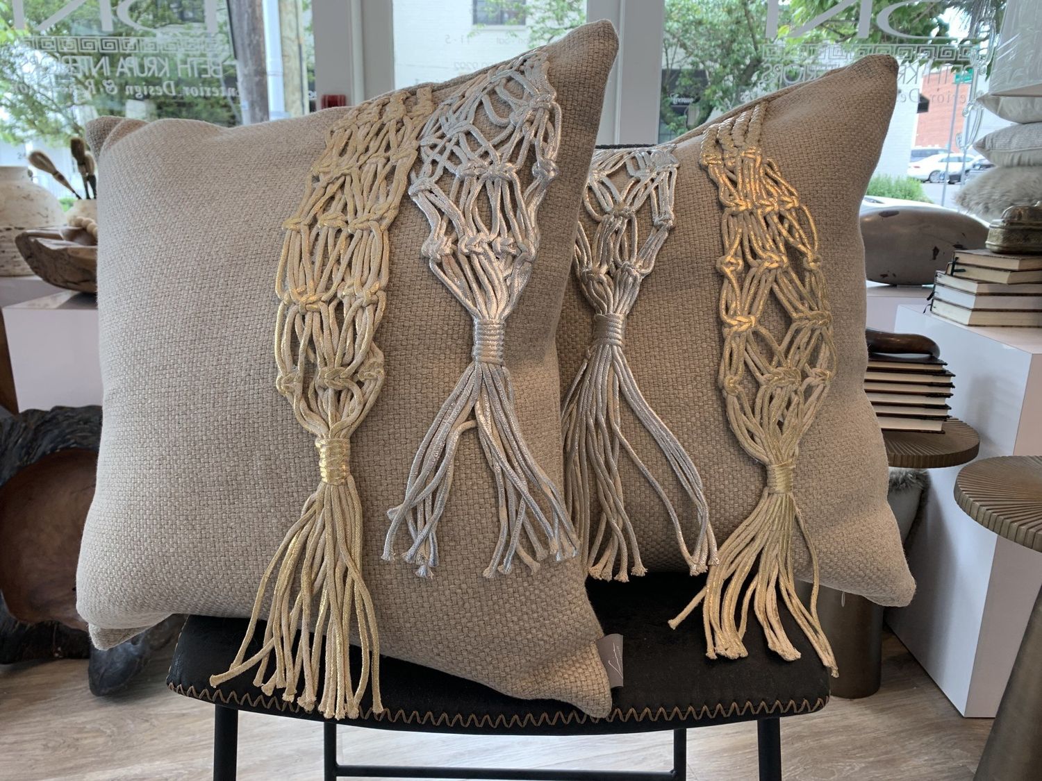 Pillow 22&quot; x 22&quot; Aviva Stanoff,  Gold and Silver Rope Detail, Feather Down Insert, 1 Available