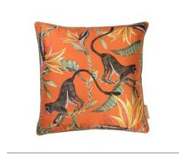 Pillow, 16&quot; x 16&quot;, Orange, Green, Gold Silk Monkey Print Pillow, Feather Down Insert, 2 Available