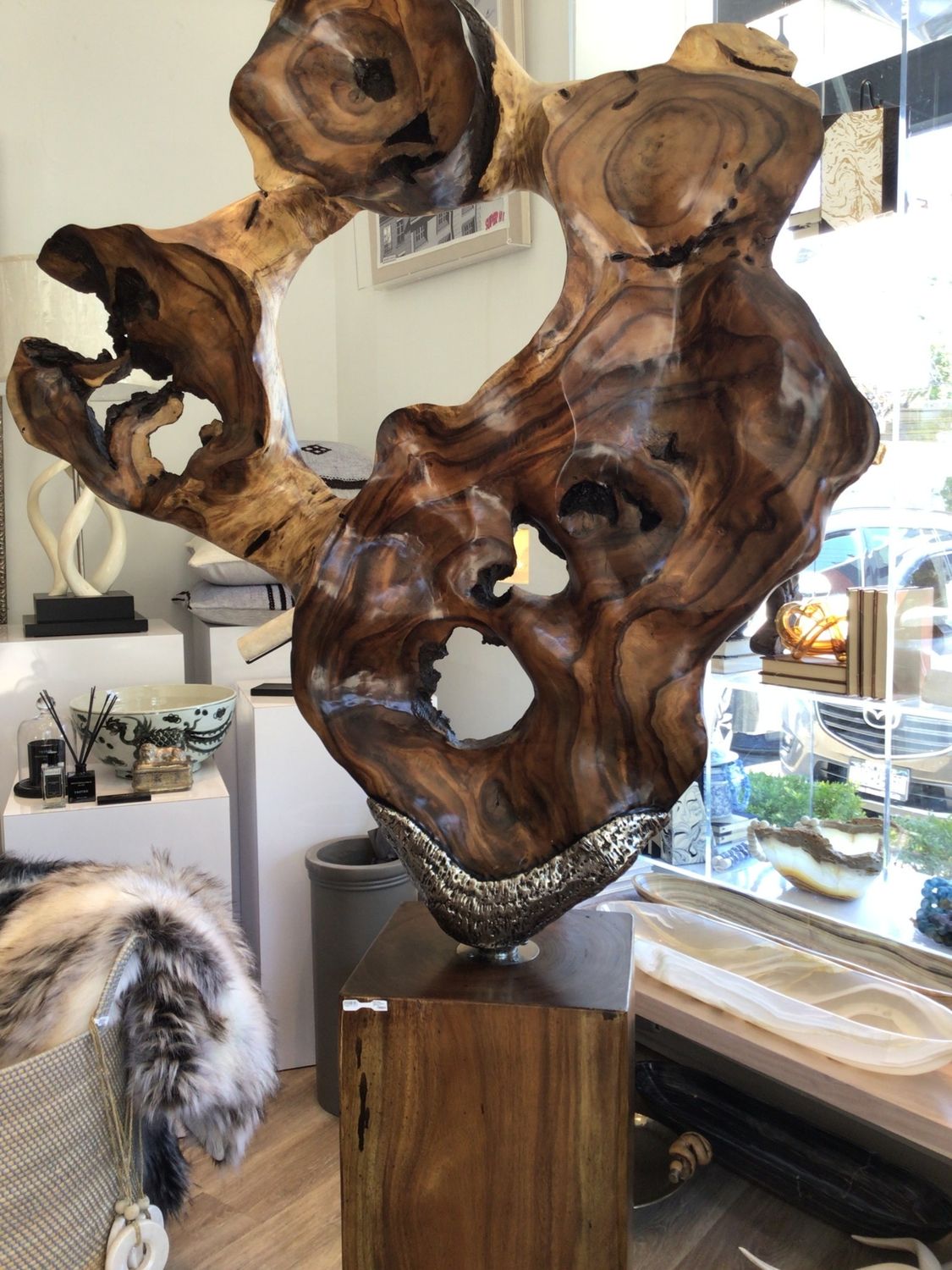 Makha Wood Organic Sculpture with Silver, Thailand, 84&quot; H x 45&quot;W