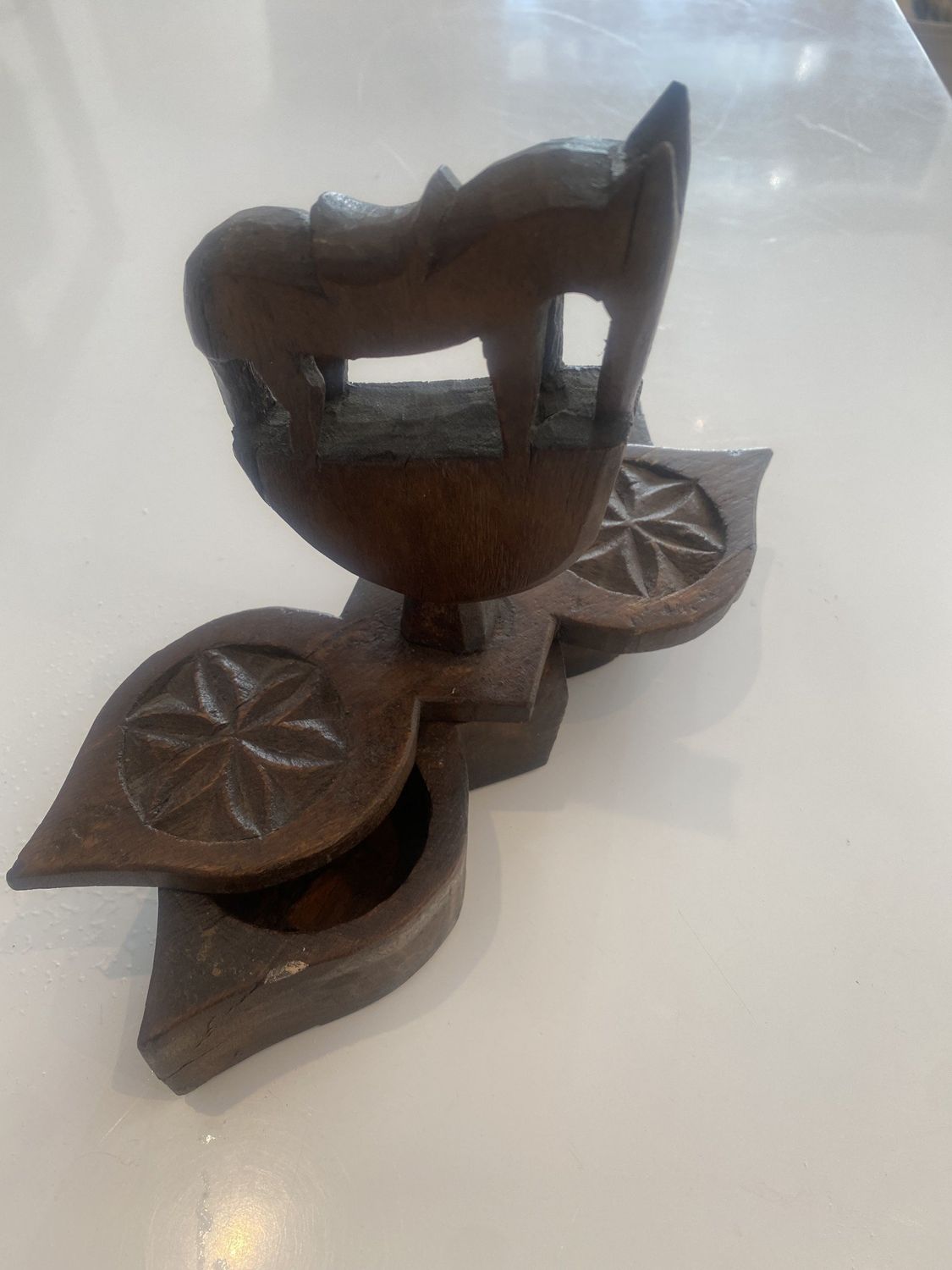 Antique, Mid 20th C, Teak Wood Horse Brown Spice Box