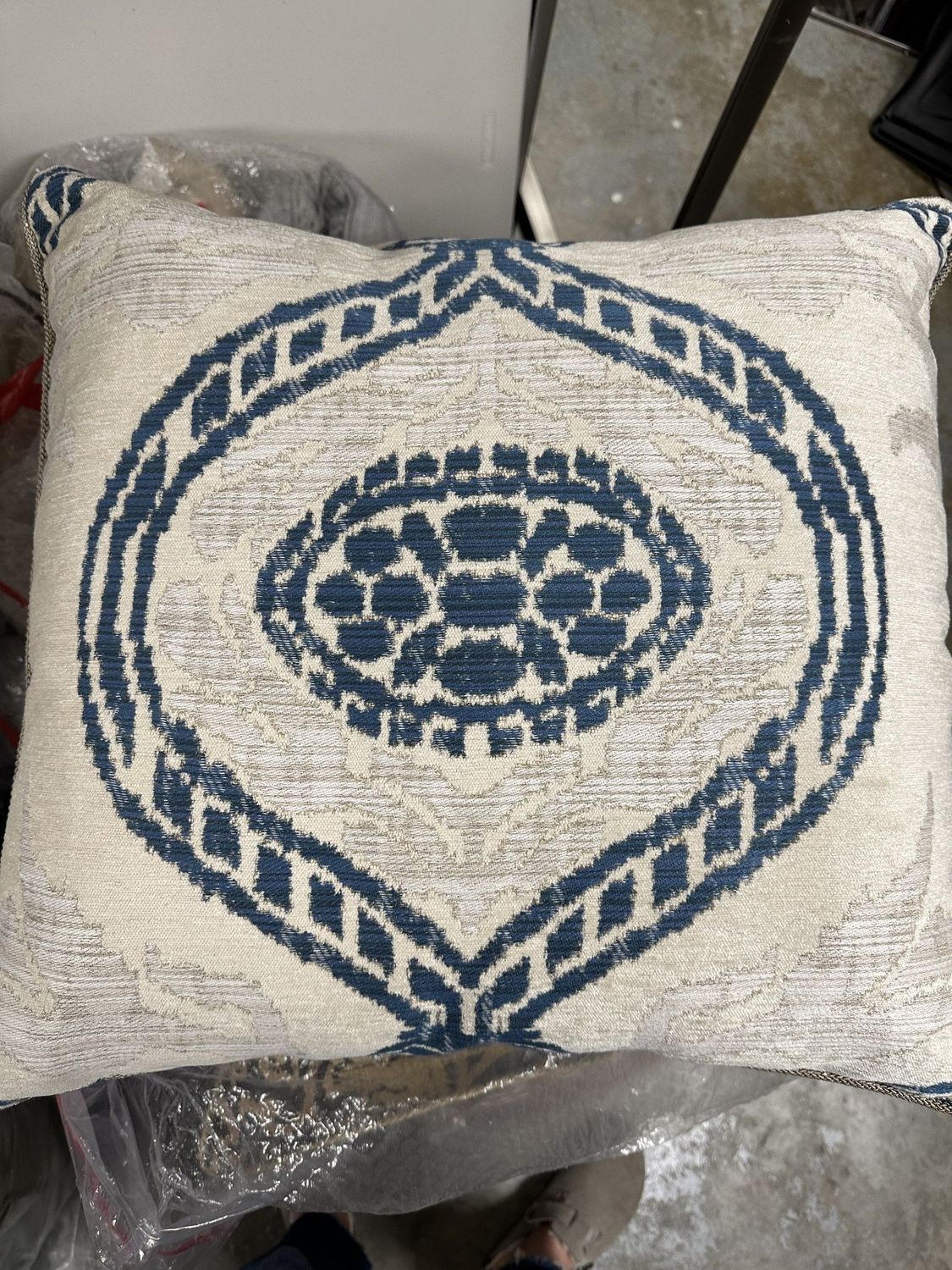 Pillow Blue Cream Ivory Silver Velvet, Large Damask, 1 Avail