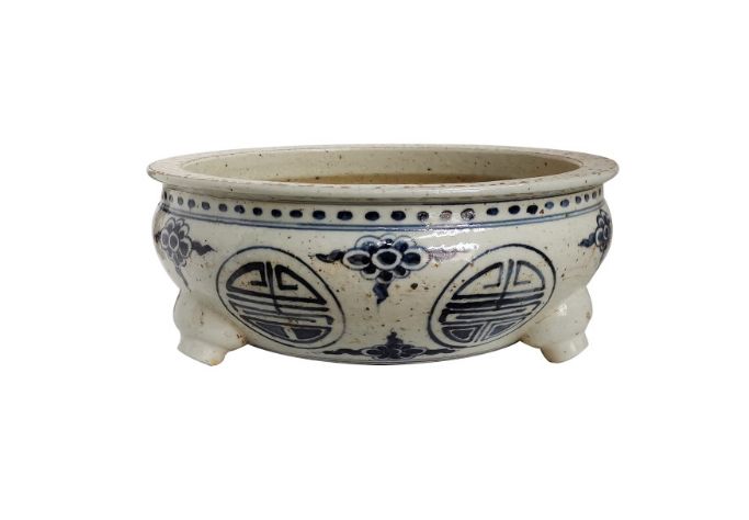 Planter, Vintage Blue White Longevity Tri Three Leg Vessel Pot