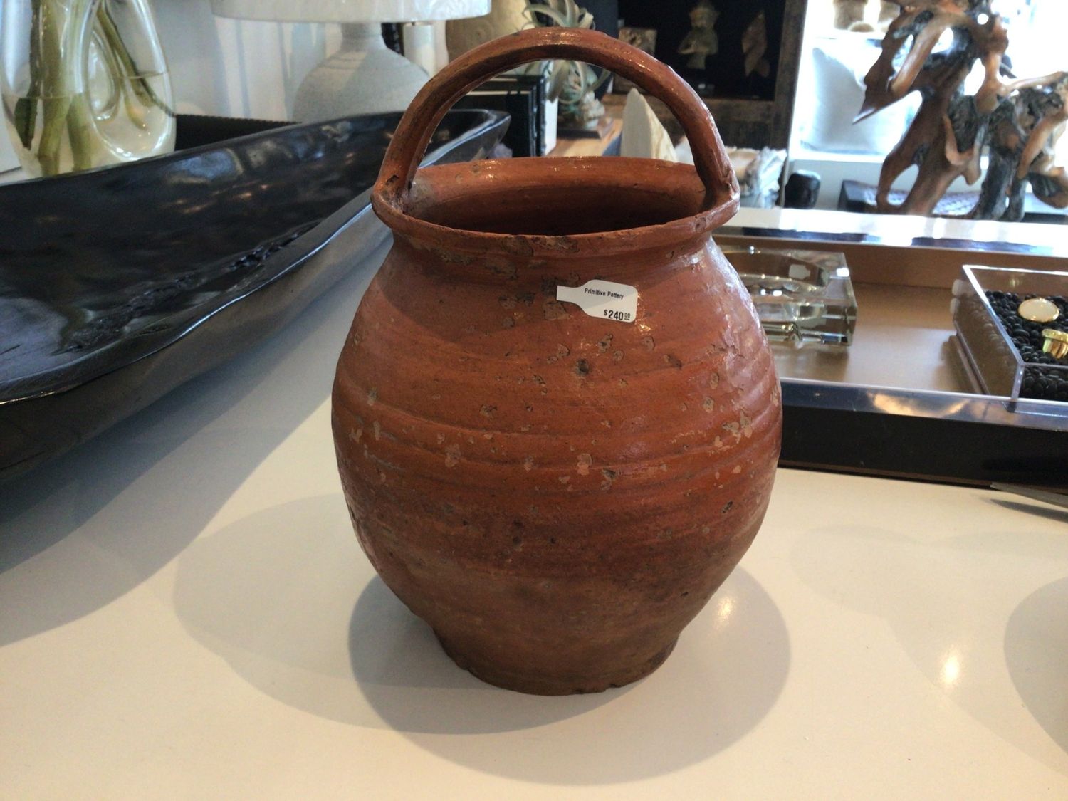 Primitive Pottery Orange With Handle