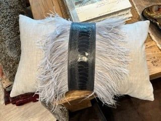 Lumbar Pillow,  Ostrich Shin and Gray Feathers, Ivory Linen , Feather Down Insert, 2 Available
